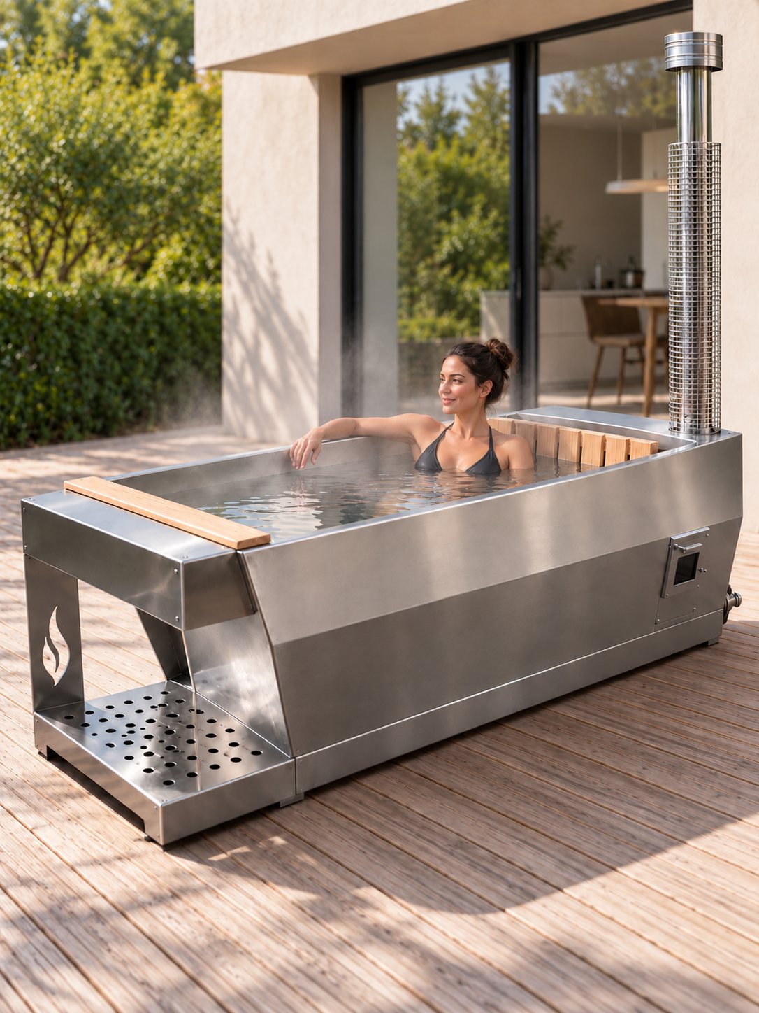 Baignoire extérieure Écume en utilisation, eau chaude et vapeur légère