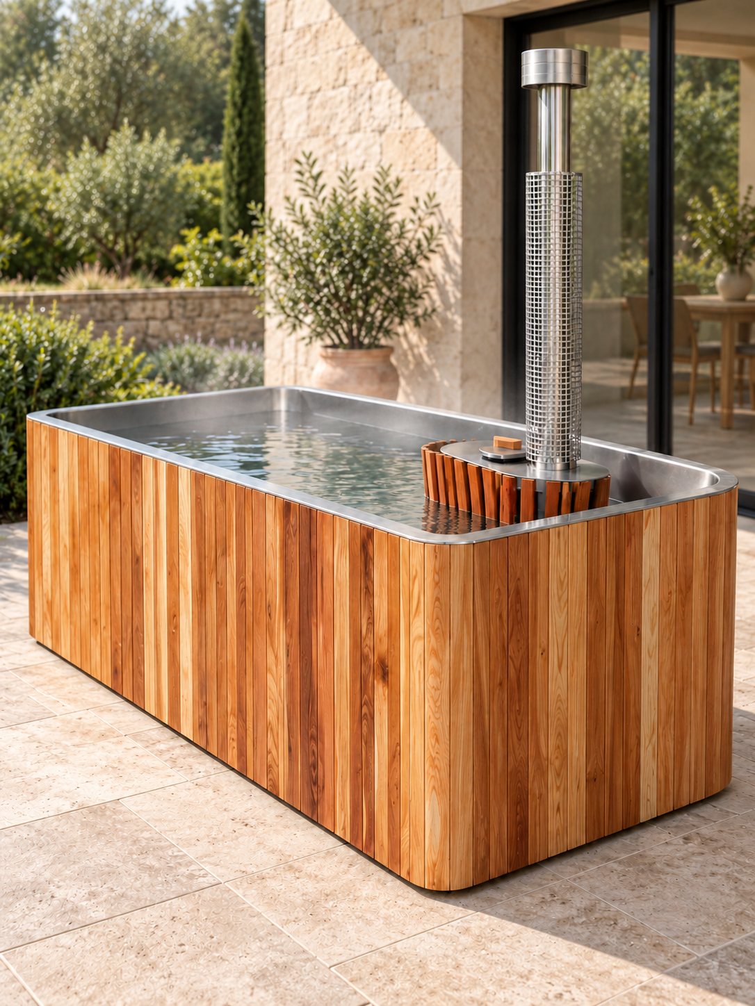 Baignoire nordique Embrun installée sur une terrasse au jardin