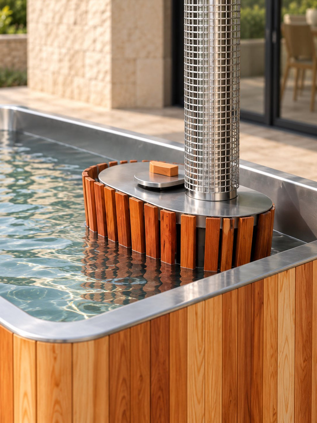 Poêle intégré et cheminée inox de la baignoire Embrun