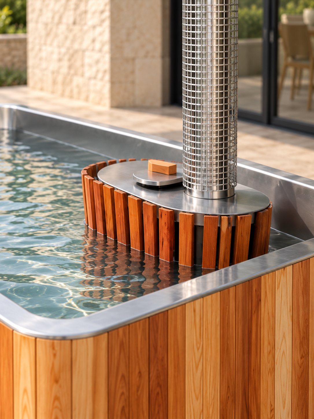 Poêle intégré et cheminée inox de la baignoire Embrun