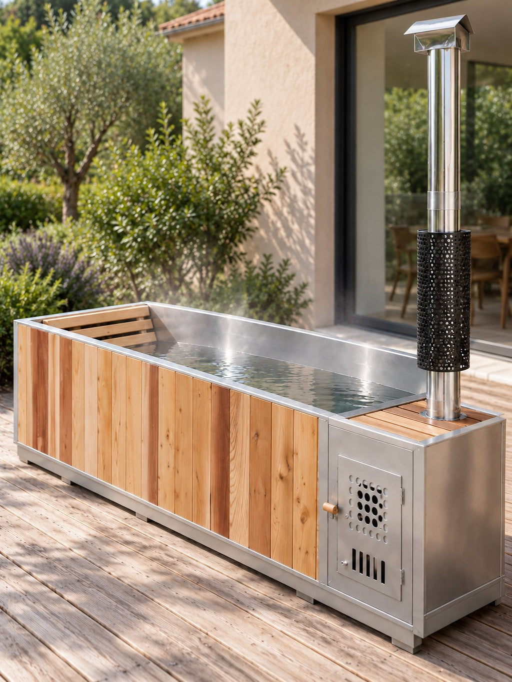 Baignoire nordique Amarre installée sur une terrasse au jardin