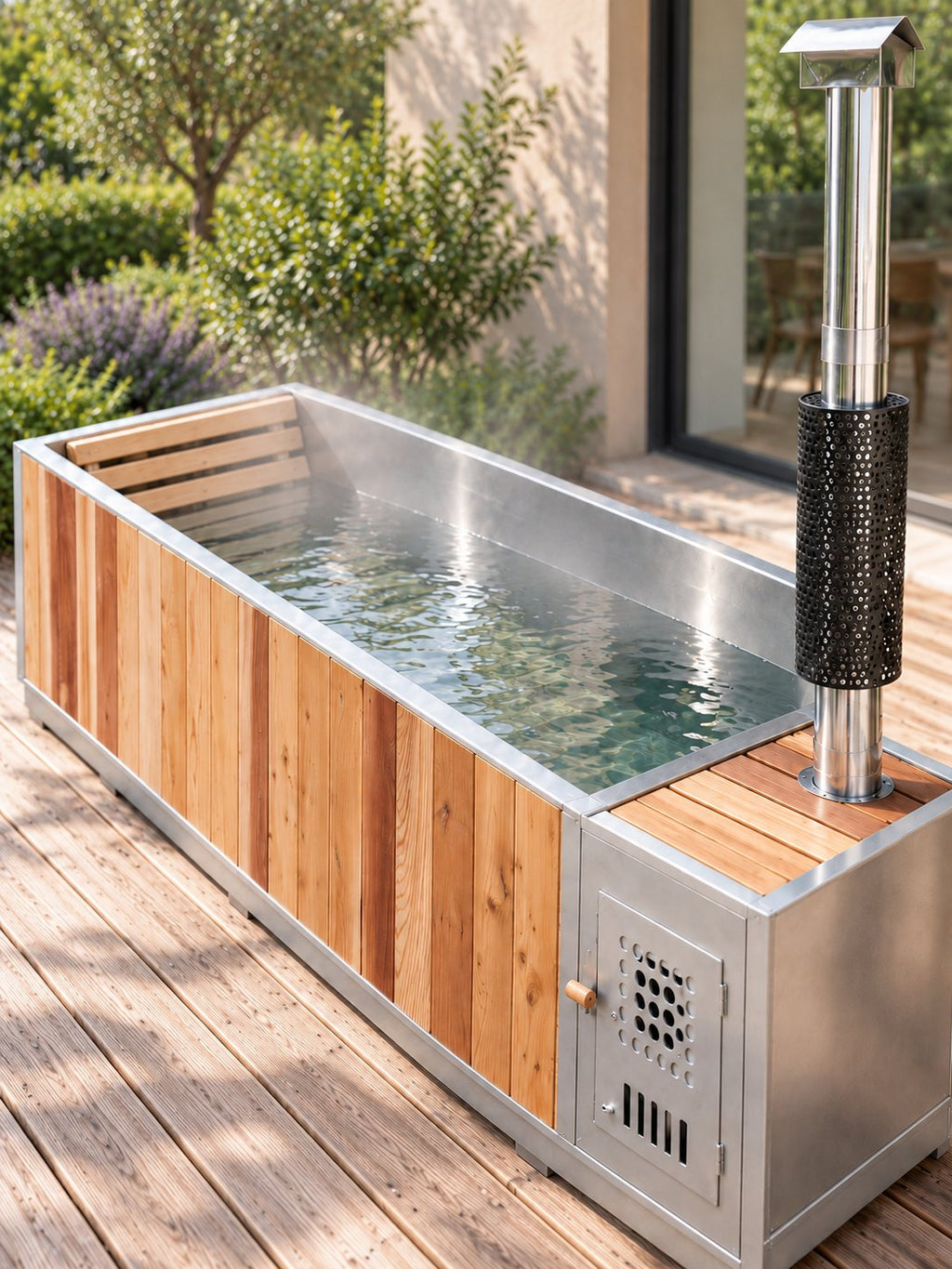 Baignoire nordique Amarre en utilisation, eau chaude et vapeur légère