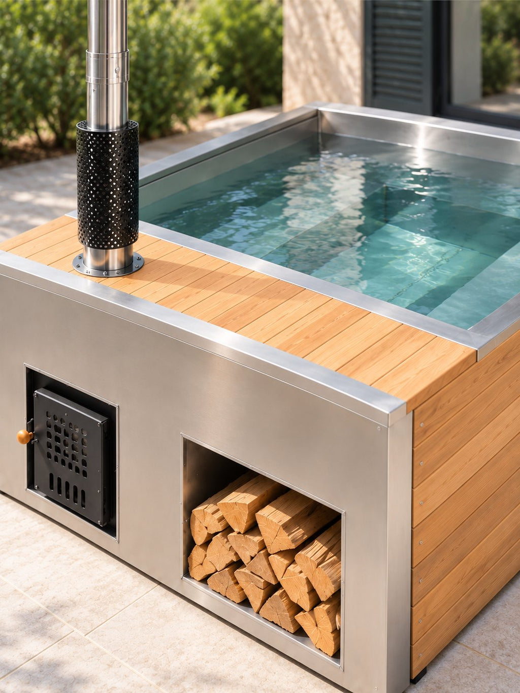 Détail des lames de bois et de l'inox du bain Calanque