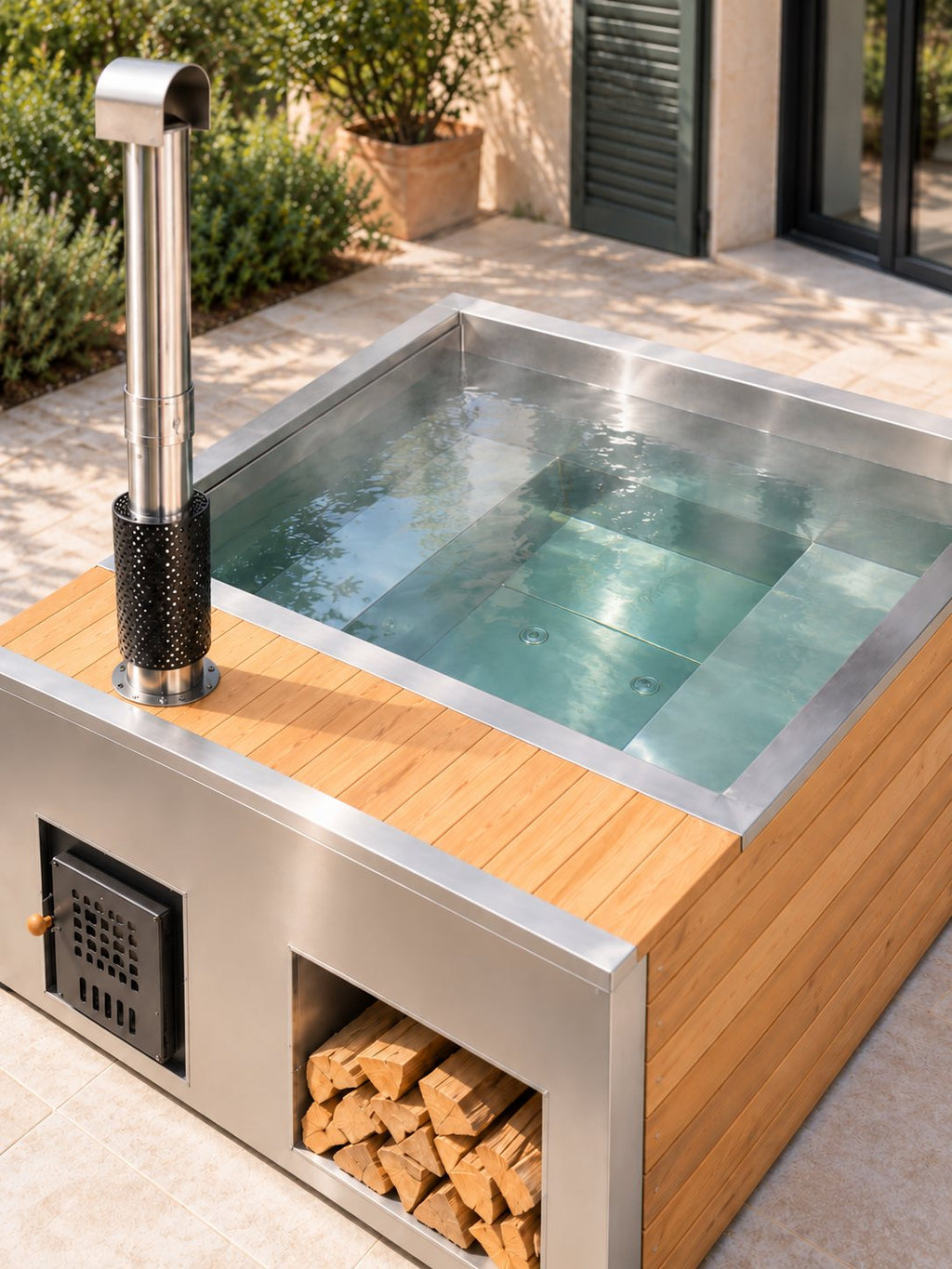 Bain nordique Calanque en utilisation, eau chaude et vapeur légère