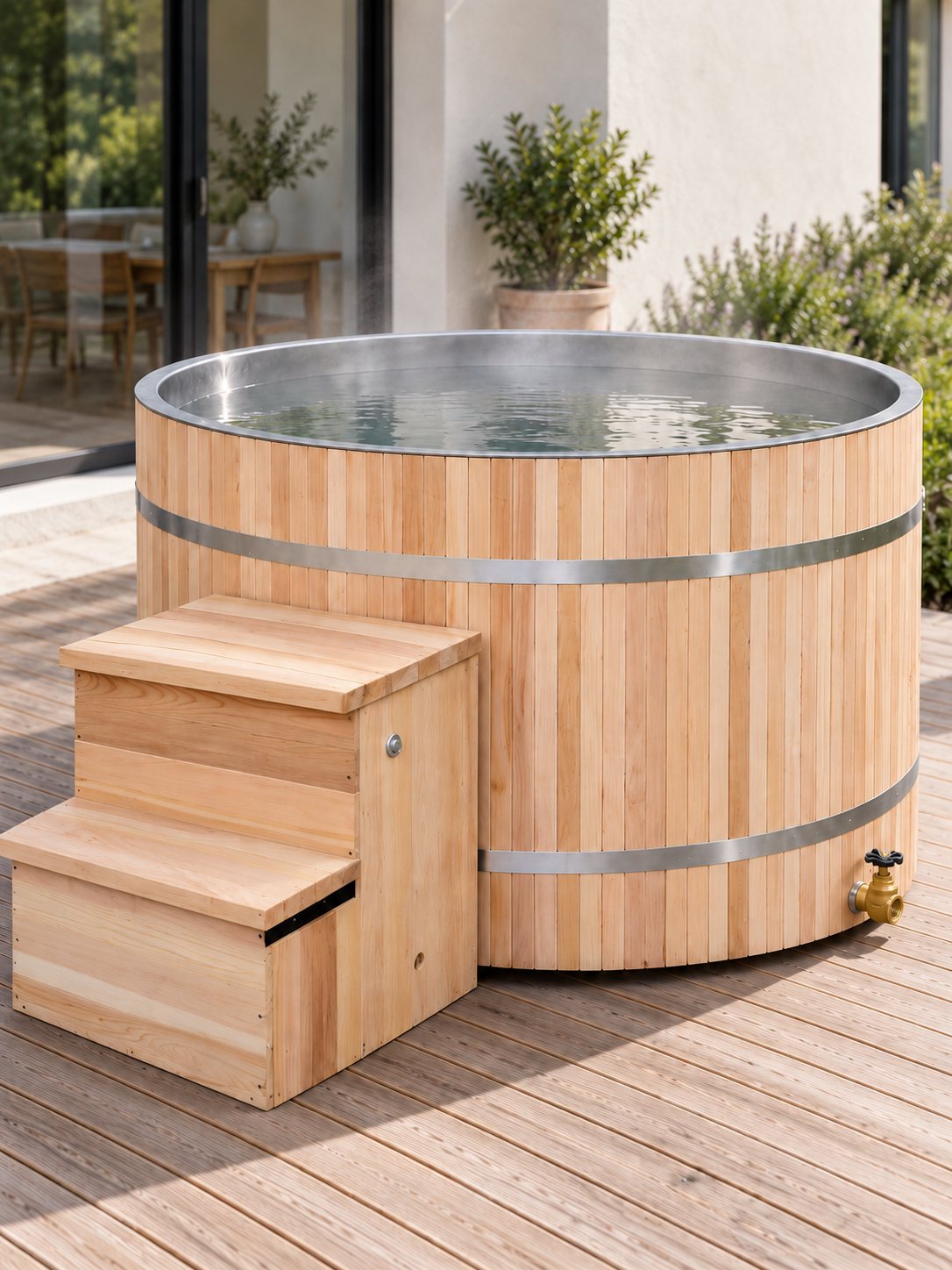 Bain nordique électrique Rade installé sur une terrasse au jardin