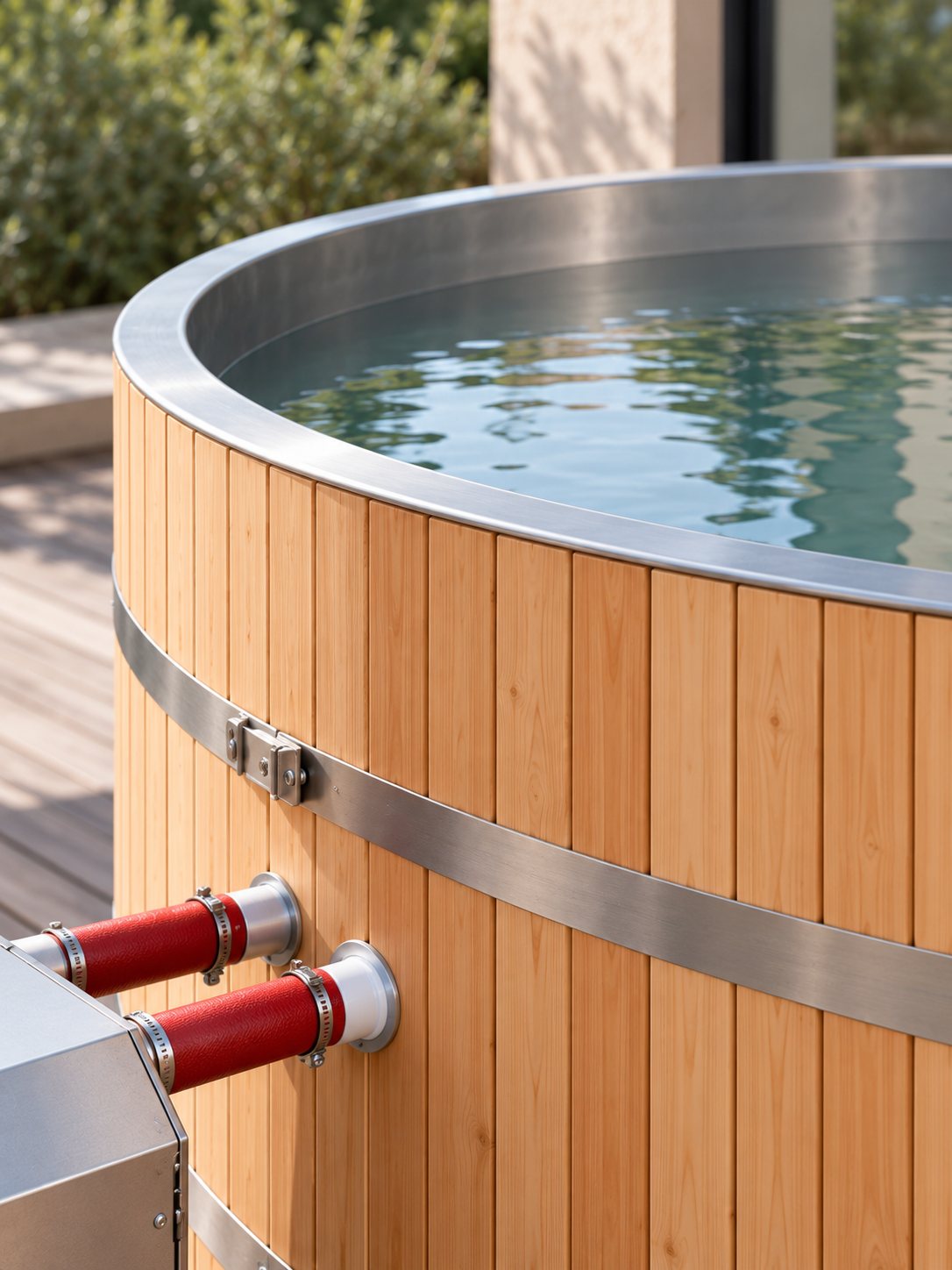 Détail du bois et du cerclage inox du bain Mouillage