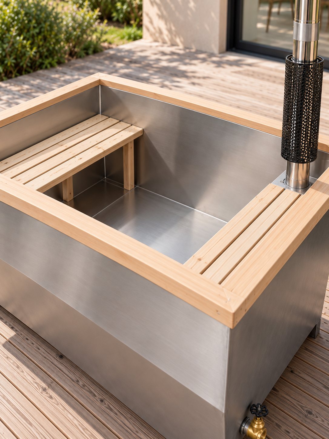 Intérieur du bain Balise avec banquettes en lattes de bois