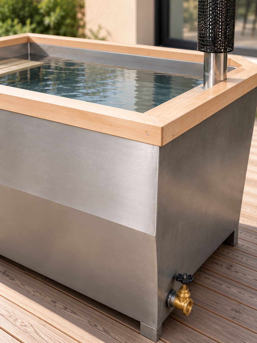 Détail de l'inox et du rebord en bois du bain Balise