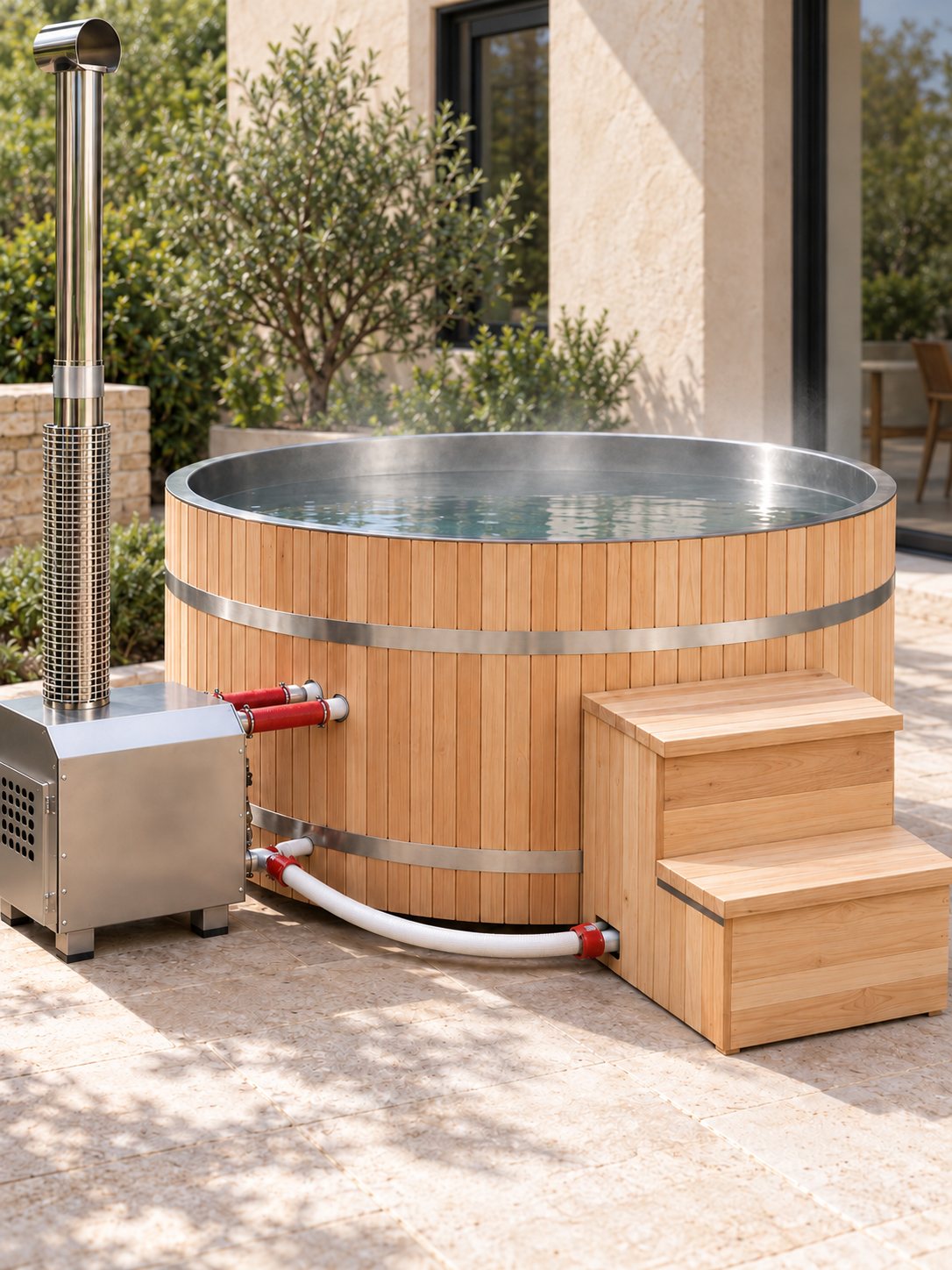 Bain nordique Escale installé sur une terrasse au jardin