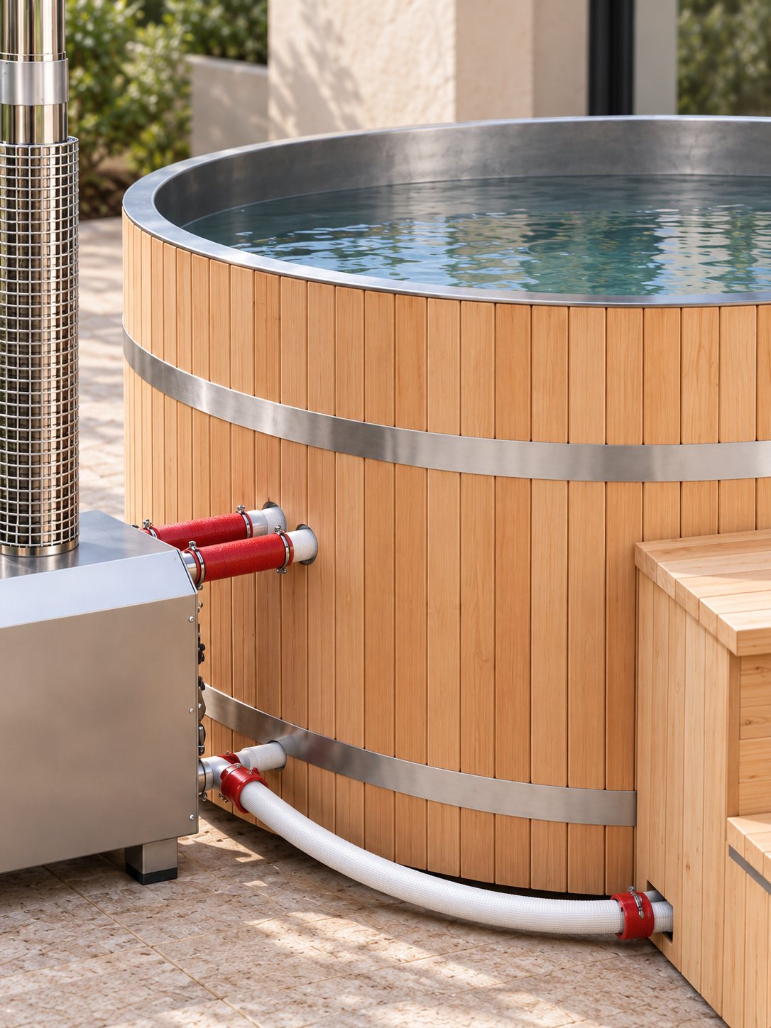 Détail du bois et du cerclage inox du bain Escale