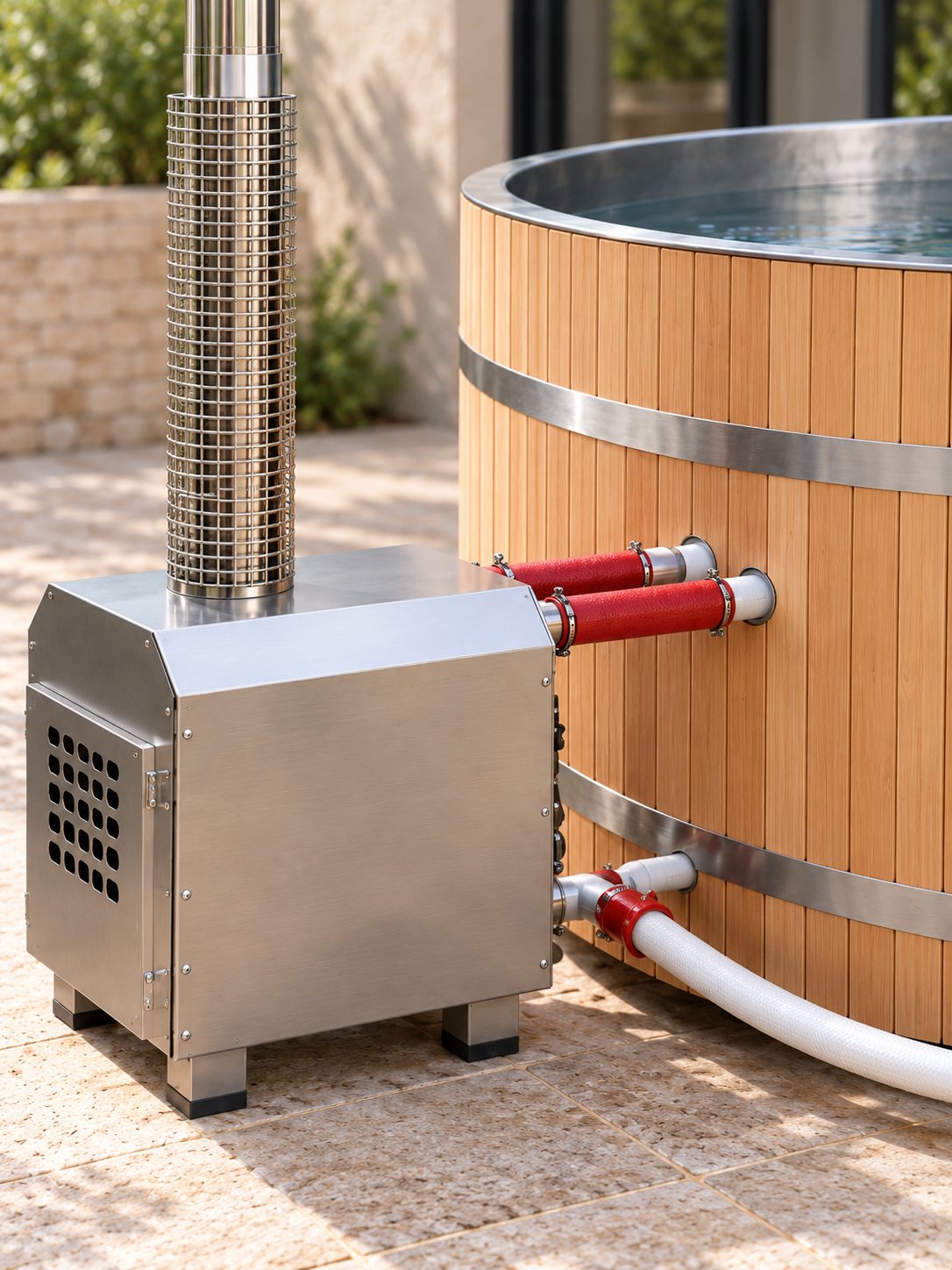 Poêle à bois inox et raccords du bain nordique Escale