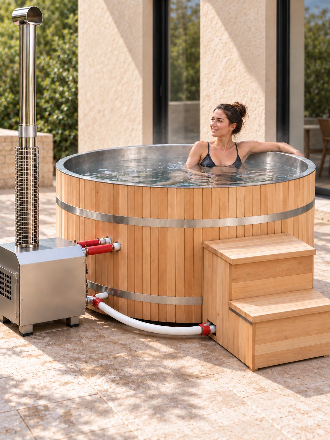 Bain nordique Escale en utilisation, eau chaude et vapeur légère