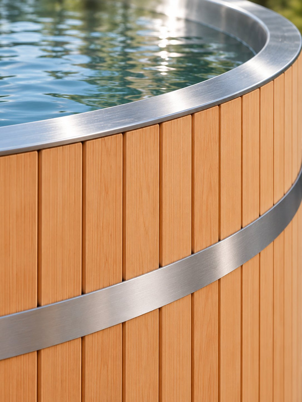 Détail du bois et du cerclage inox du bain Jetée