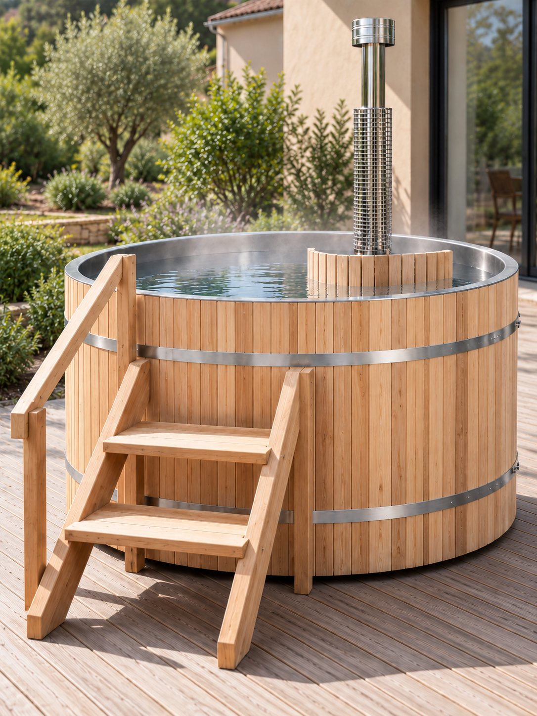 Bain nordique rond en inox et bois sur une terrasse