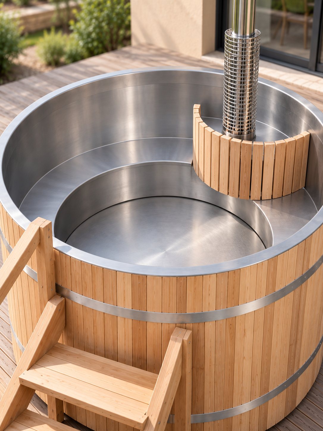Intérieur de la cuve du bain Abri avec le poêle protégé par une paroi en bois