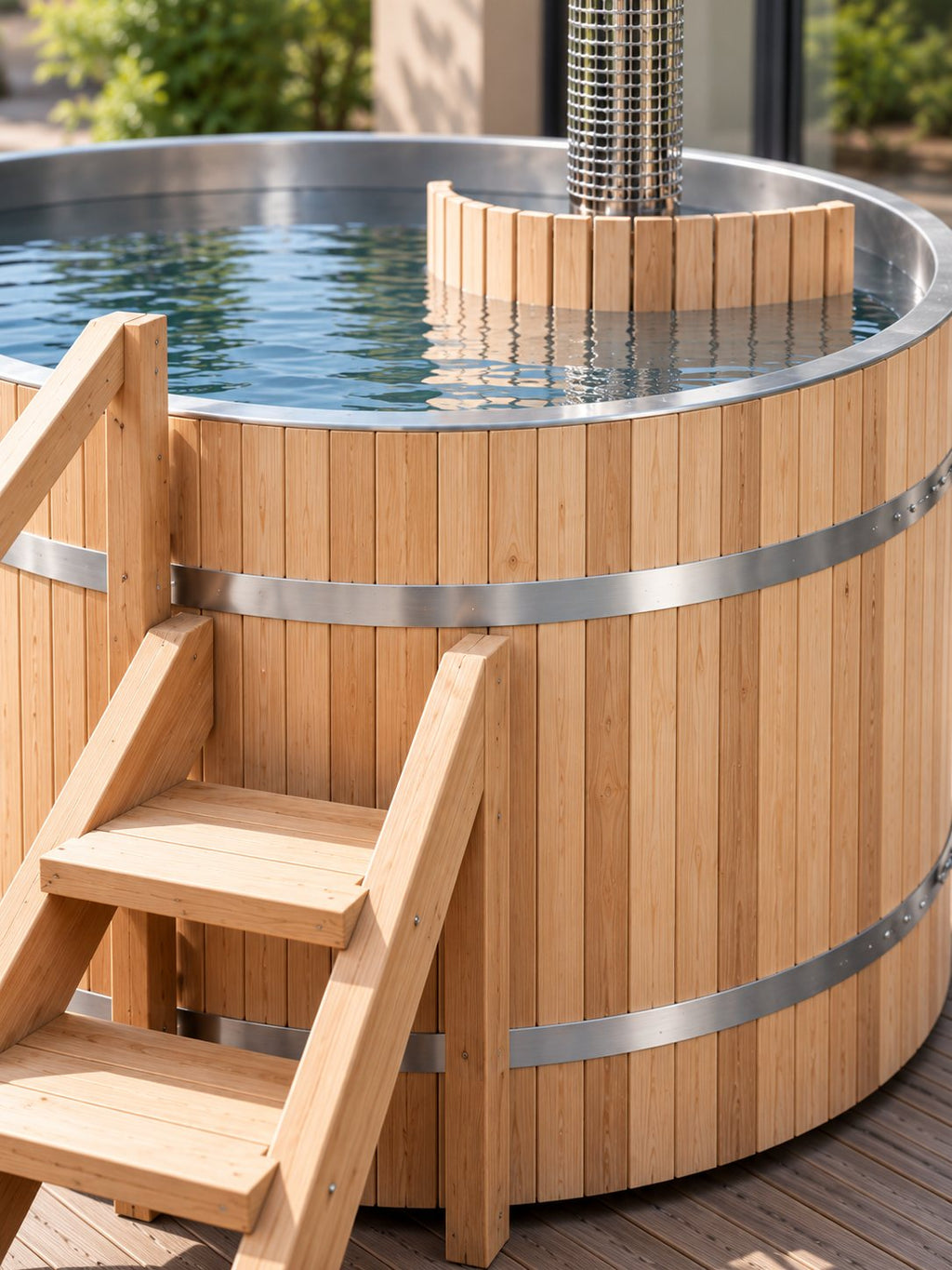 Détail du bois et du cerclage inox du bain Abri