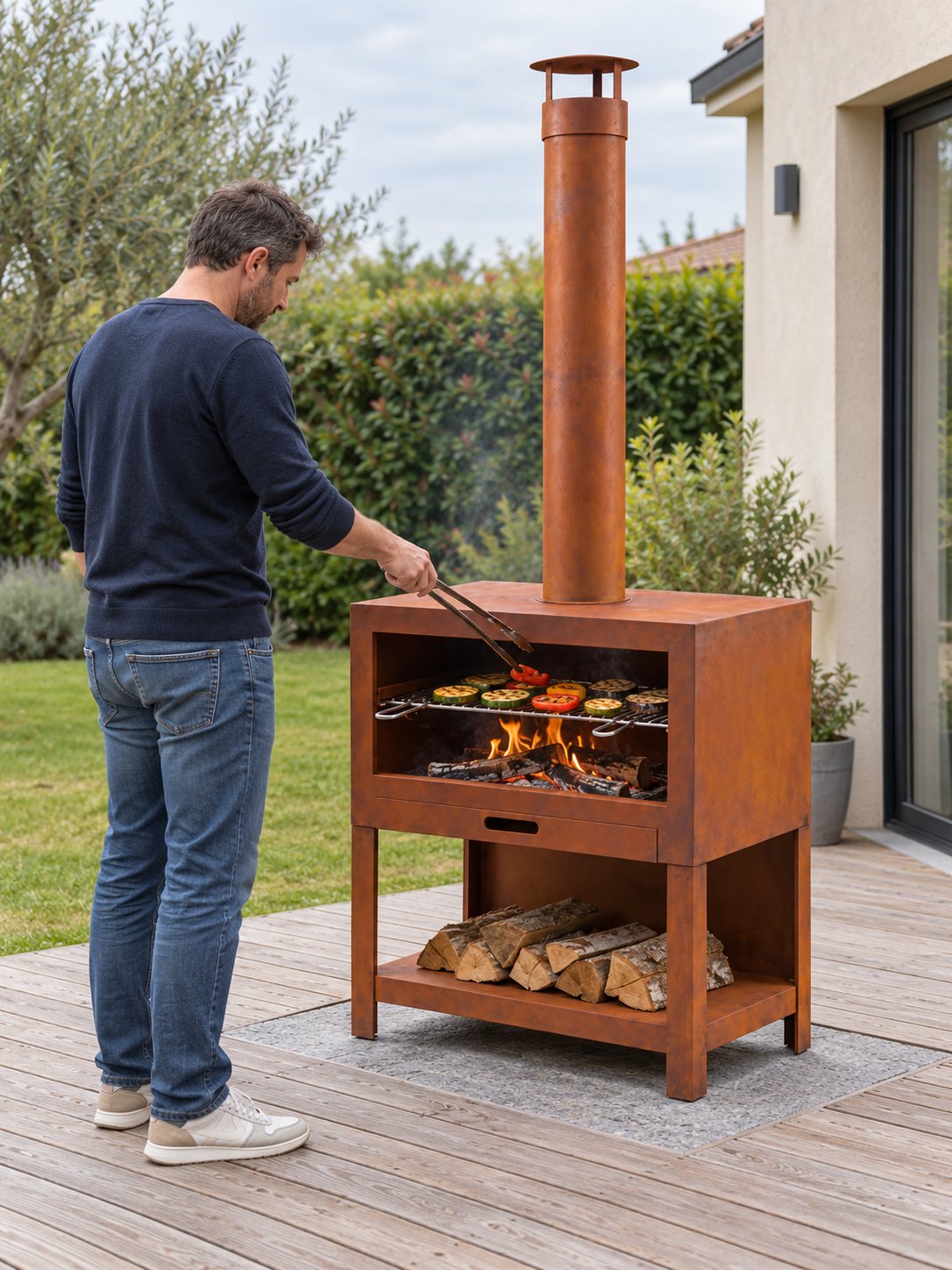 Barbecue cheminée Fanal allumé au jardin