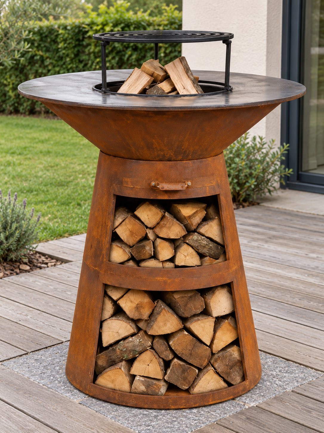 Range-bûches du pied du brasero Phare corten