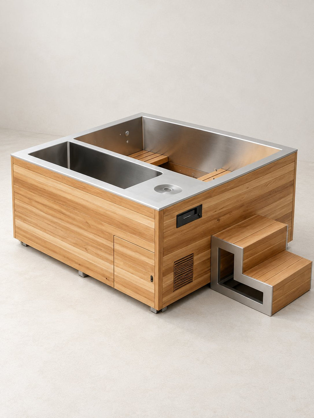 Spa nordique rectangulaire Grand Large en inox et bois, sur fond clair