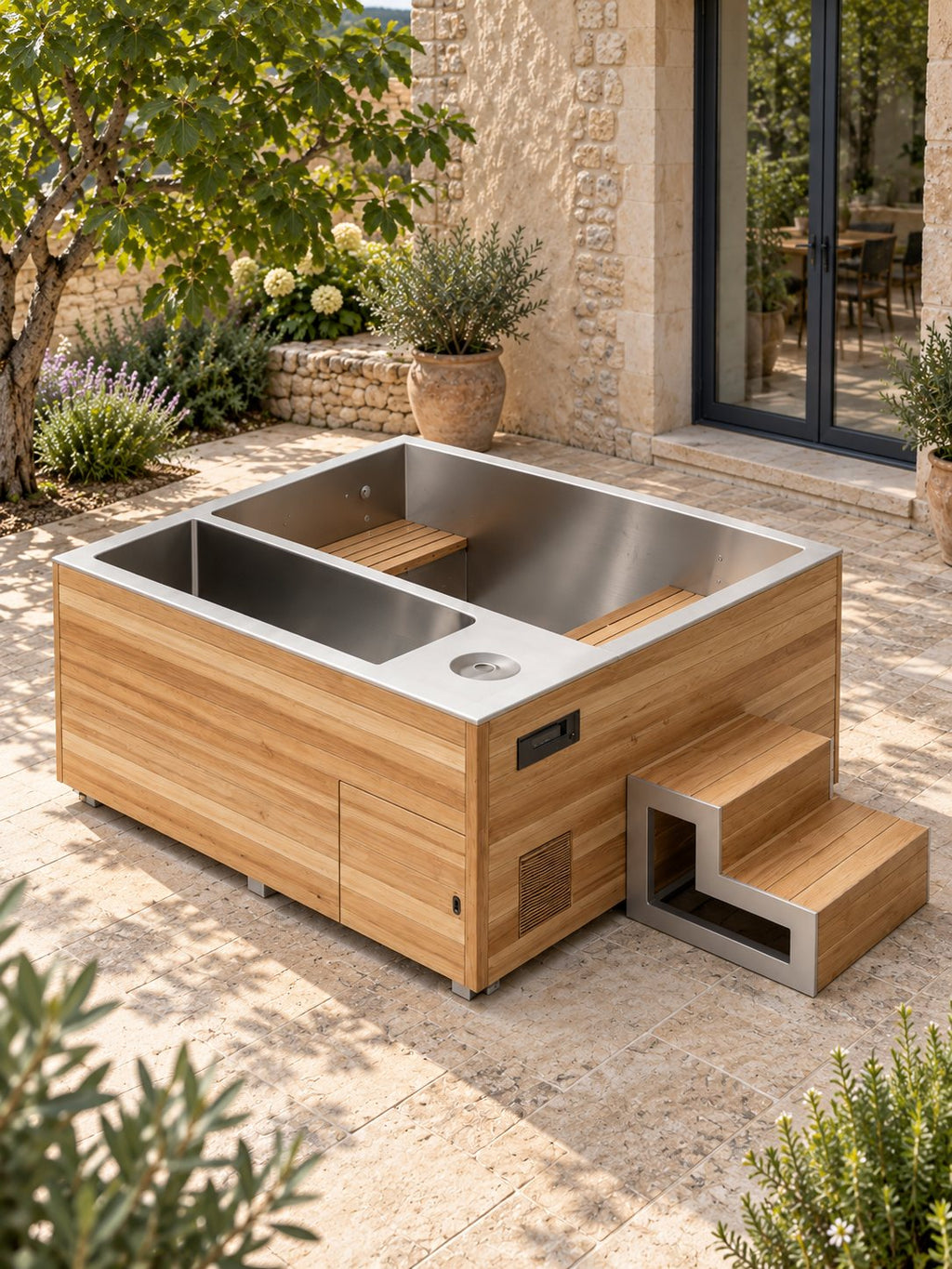 Intérieur du spa Grand Large avec banquettes en bois et second bassin