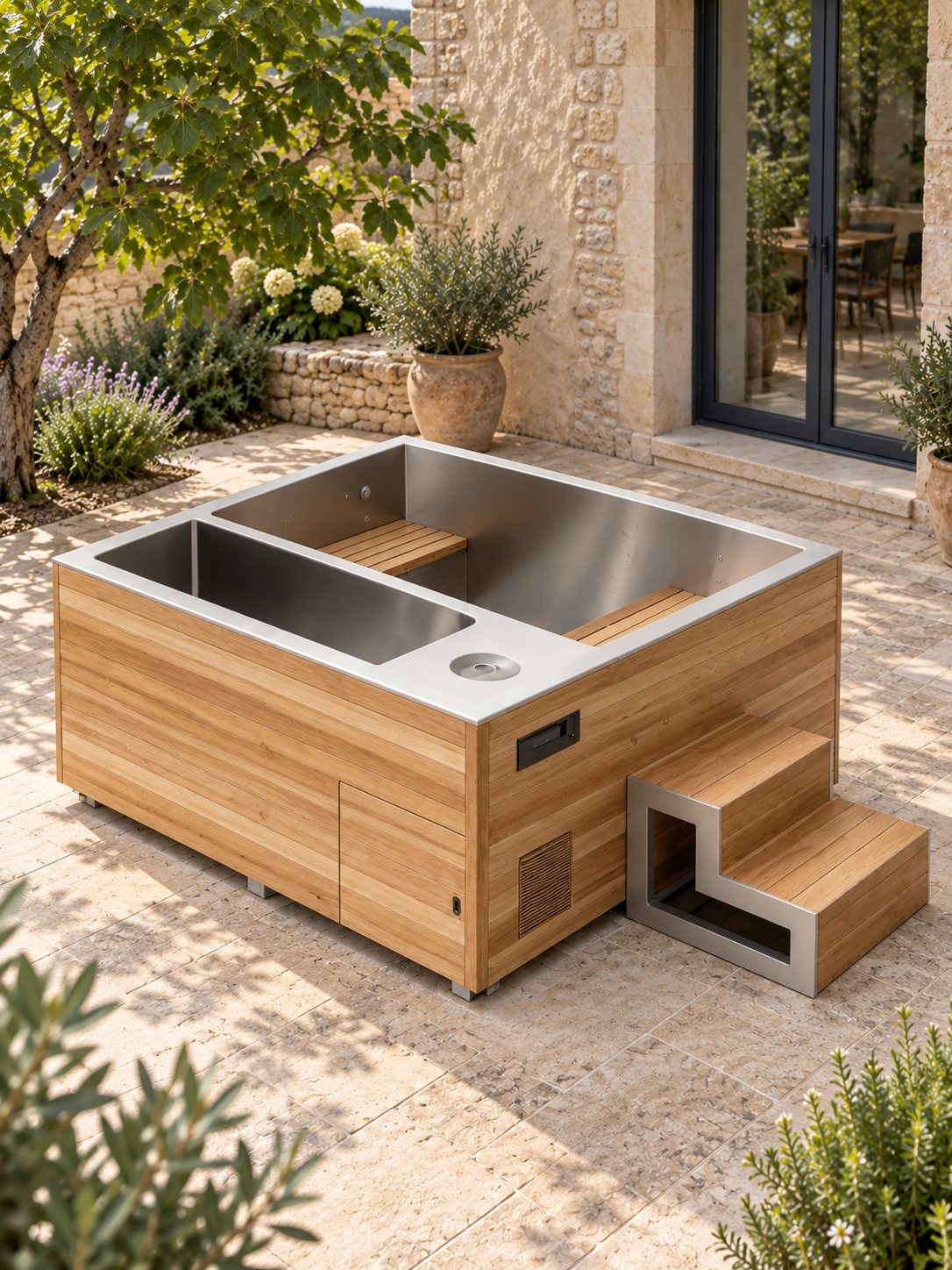 Intérieur du spa Grand Large avec banquettes en bois et second bassin