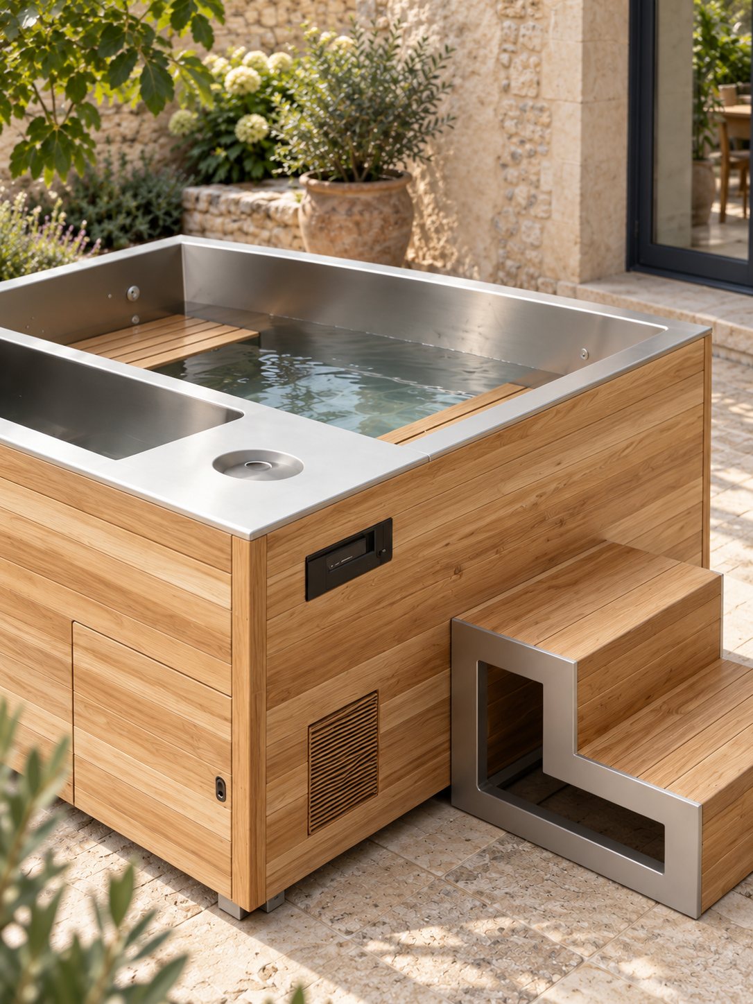 Détail du rebord inox et des lames de bois du spa Grand Large