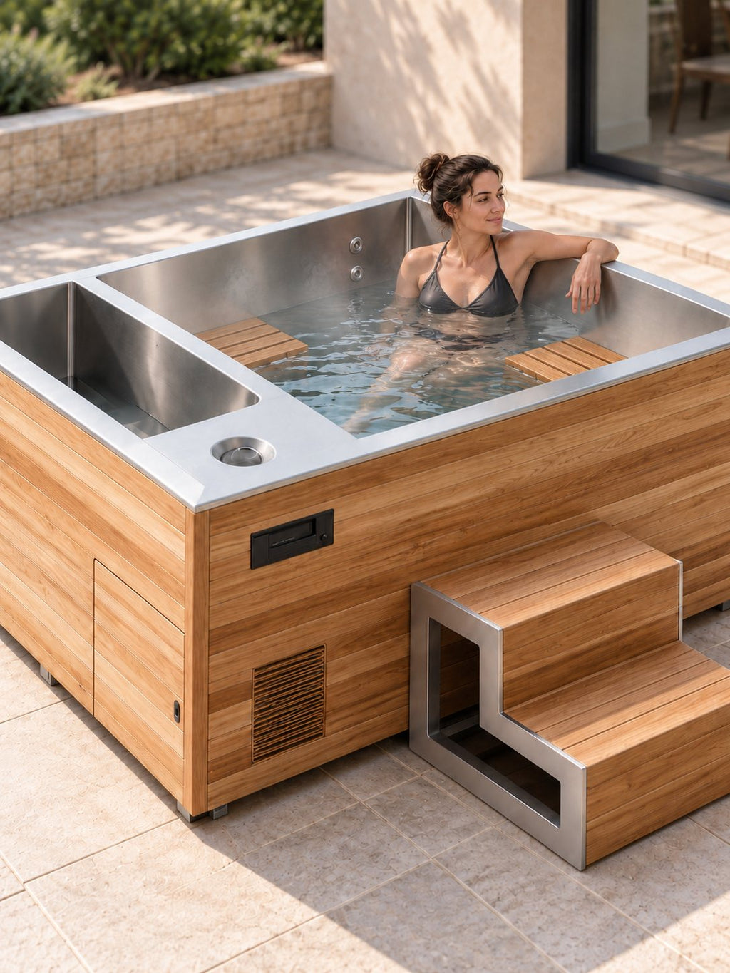 Spa nordique Grand Large en utilisation, eau chaude et vapeur légère