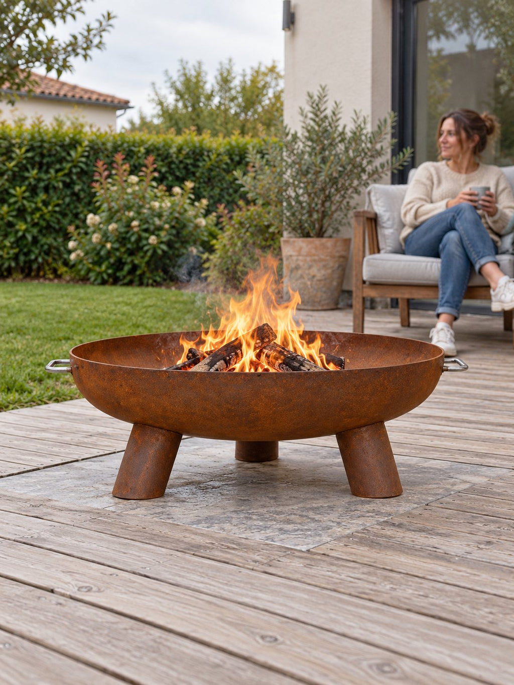 Vasque à feu Grève allumée au jardin
